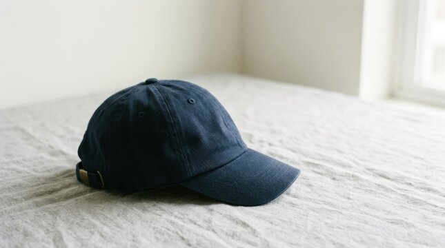 Navy blue baseball cap resting on a light grey fabric surface in a bright room