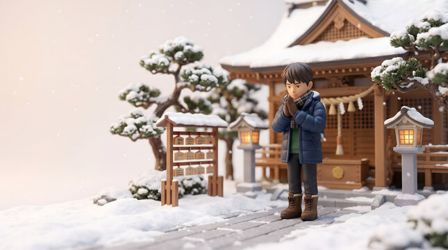 雪が降る神社で合格祈願をする男子受験生の3Dイラスト
