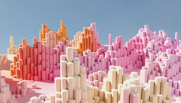 Colourful hexagonal pillars form an abstract 3d landscape outdoors