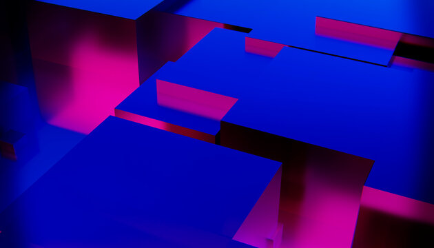 Neon blue and pink blocks form an abstract 3d geometric background