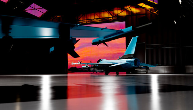 Modern military fighter jet in a dark exhibition hall hangar
