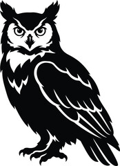 Fototapeta premium Great horned owl vector illustration, black and white bird of prey mascot, wise nocturnal animal silhouette for logo design