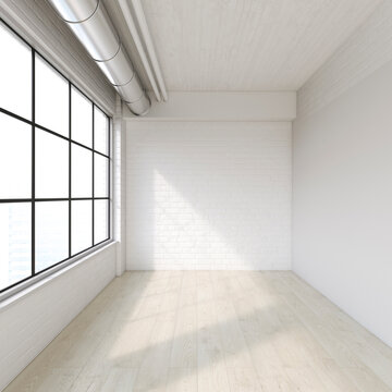 Modern empty loft with brick wall and large window interior