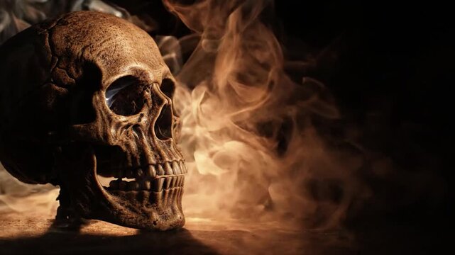 Human skull with swirling smoke on dark background for horror or gothic concept art