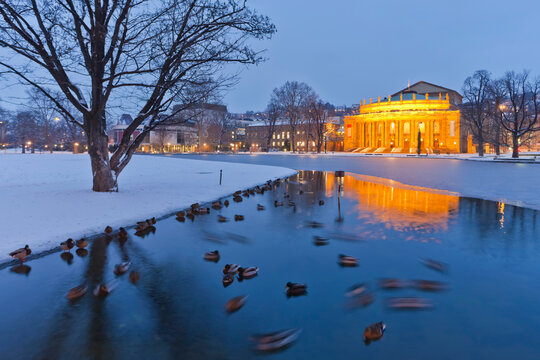 Germany, Baden Wuerttemberg, Stuttgart, Ducks in Eckensee pond and Opera house in background