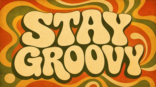Stay Groovy retro 1970s typography design with wavy psychedelic background pattern