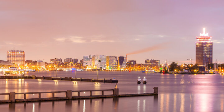 Netherlands, Amsterdam, view to Westerdok, IJDock and A'Dam Lookout at twilight