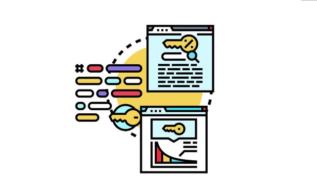 Keyword research process involving web pages with key symbols, a search bar, data analysis charts, and a list of related search terms, optimizing content visibility