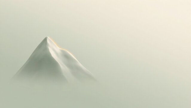 A single smooth white mountain peak emerging from a thick layer of soft morning mist with calm atmospheric landscape peak rises above sea soft fog