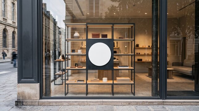 Modern retail display shelving unit in a boutique store window with blank circular sign
