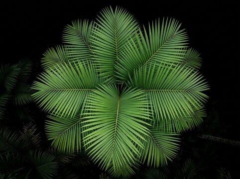Overhead view of vibrant green palm fronds forming a symmetrical radial pattern against a dark background.