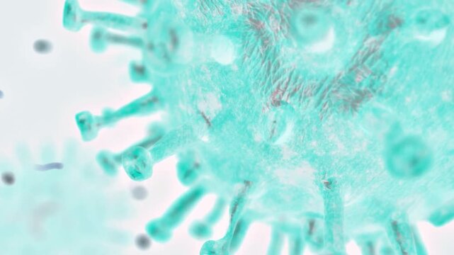 Extreme close up of teal microscopic virus cell structure with prominent protein spikes microbiology pathogen infection disease