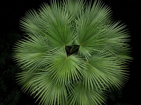 Overhead view of vibrant green palm fronds forming a symmetrical radial pattern against a dark background.