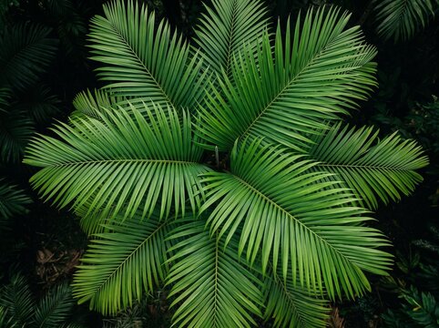 Overhead view of vibrant green palm fronds forming a symmetrical radial pattern against a dark background.