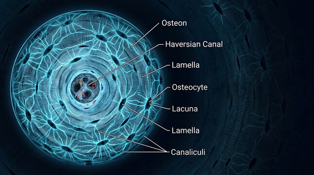 Microscopic anatomy of a bone osteon with labeled cellular structures