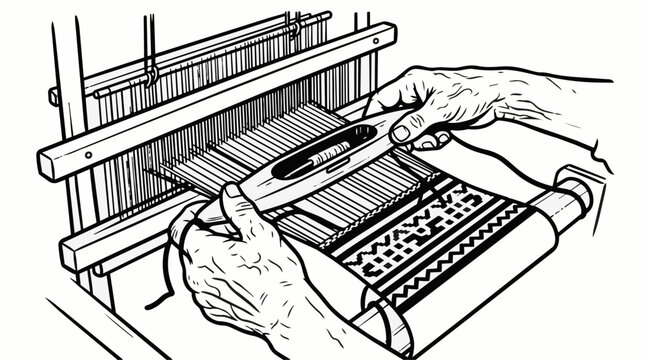 Vintage weaving loom illustration, hands using shuttle on textile machine, traditional wood loom craft vector, black and white line art