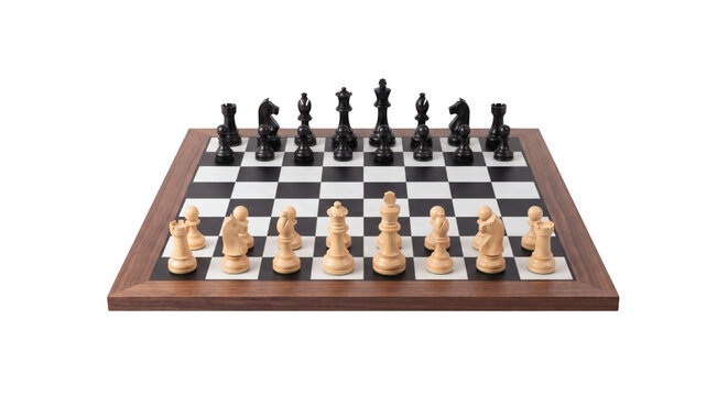 Classic wooden chess board with pieces ready for a game isolated on transparent background, PNG