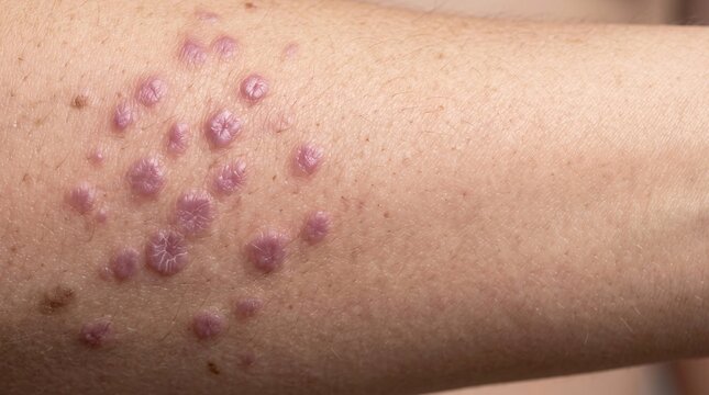 Cluster of pinkish skin tags and moles on human arm