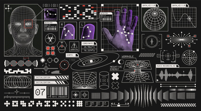 Mega Set of Futuristic UI Elements and Cyberpunk Interface Components, Sci-Fi HUD Shapes, Frames and Micrographic Design Assets for Technology Dashboard Templates.