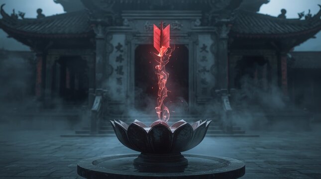Mysterious red flame rising from ornate stone lotus basin in ancient temple courtyard with spiritual