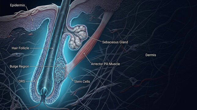 Anatomical Diagram of a Human Hair Follicle with Sebaceous Gland and Stem Cells