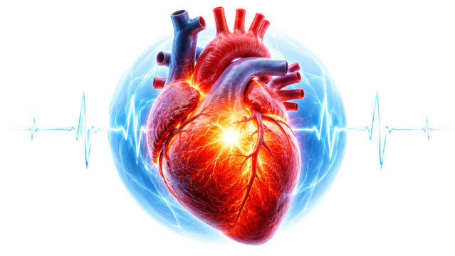 3D illustration of human heart with ECG heartbeat and glowing inflammation, cardiology concept