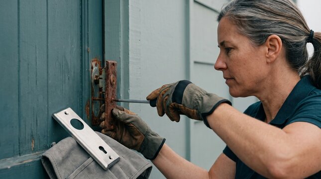 Technician replacing rusted door lock, exterior hardware weather damage repair, professional locksmith service restoring secure reliable property access