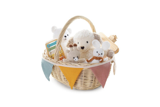 Adorable teddy bears and toys in a wicker basket with colorful flags on a transparent background PNG
