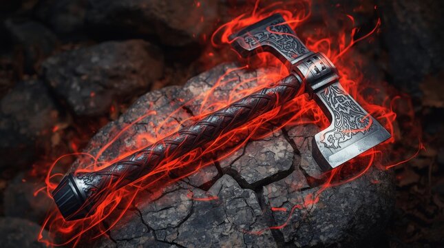 Ancient intricately carved metallic mace emitting glowing red energy trails over rough rock with art