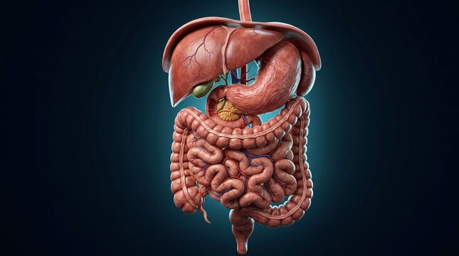 Human Digestive System Anatomy with Liver, Stomach, and Intestines