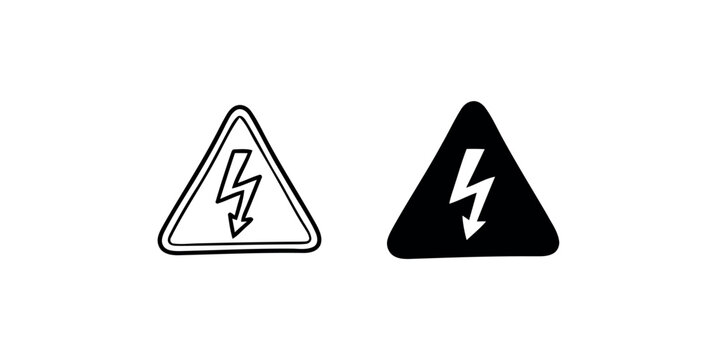High voltage warning triangle sign for electricity and danger with outline and solid black illustration.