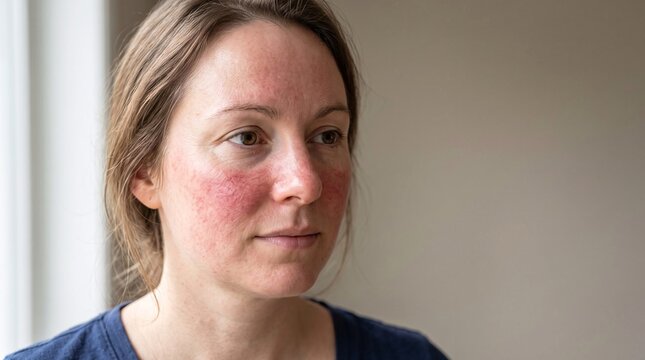 Woman with facial redness and acne on cheeks and nose