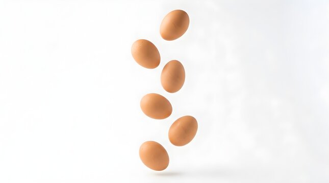 Fresh brown chicken eggs falling in air isolated on a clean white background
