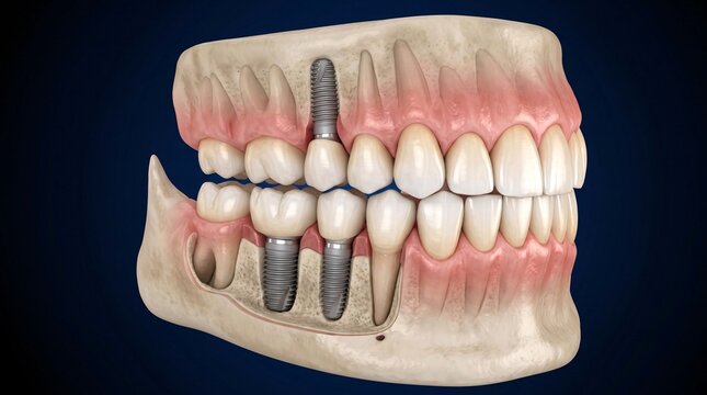 Human Jawbone with Dental Implants and Artificial Teeth