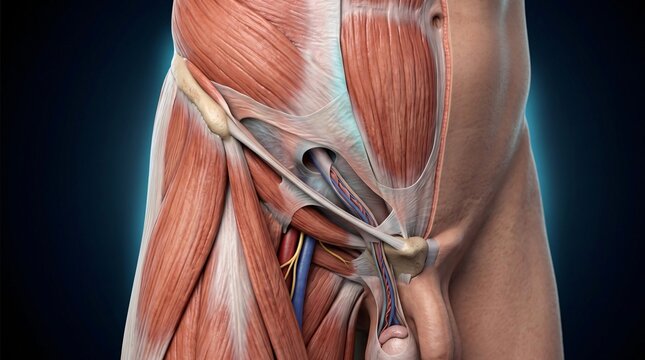 Anatomical illustration of male pelvic region muscles, nerves, and blood vessels