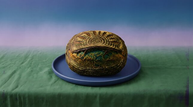 A round loaf of sourdough bread with an intricate sunburst pattern scored on the crust, sitting on a blue plate over a green fabric surface