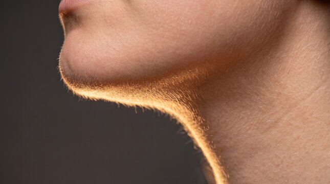 Profile View of Female Chin and Jawline Highlighted by Warm Light Showing Fine Peach Fuzz