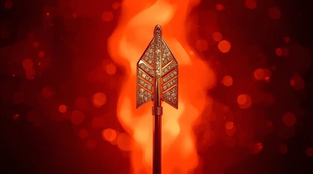 Elegant golden arrow with diamond inlay against vibrant red glow background with glow bokeh effects