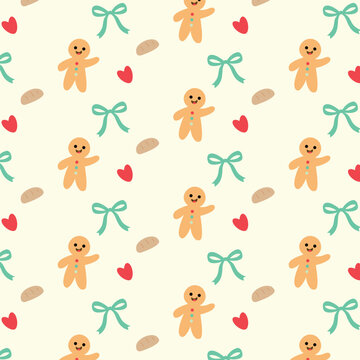 Adorable seamless pattern featuring cute gingerbread man characters, green bows, hearts, and bread elements on light cream background for festive Christmas holiday design, gift wrap, and fabric.