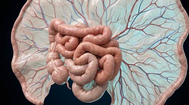 Human small and large intestines with mesenteric blood vessels on peritoneum