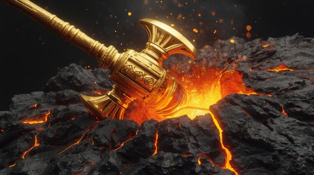 Ancient golden ceremonial mace striking molten volcanic rock with fiery explosion with illustration