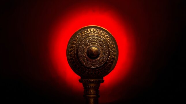Antique brass ceremonial mace with intricate engravings illuminated by red backlighting with backlit