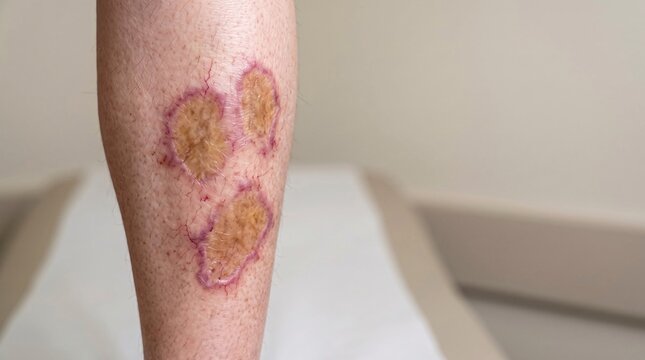 Three circular skin lesions with crusting and erythema on a human lower leg