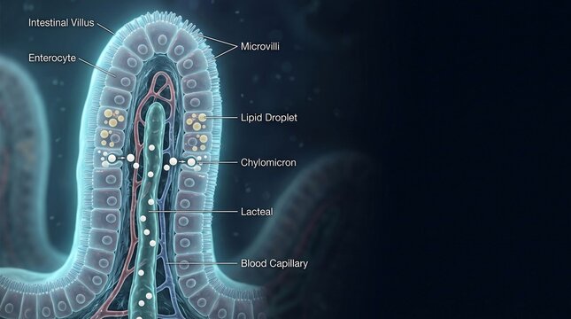 Anatomical Diagram of Intestinal Villus with Enterocytes, Microvilli, and Lacteals