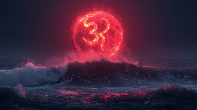 Mysterious glowing crimson symbol rising over stormy ocean waves at night with symbol floating