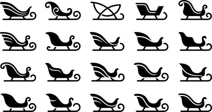 Santas sleigh vector icons for christmas holiday transportation and winter themes.