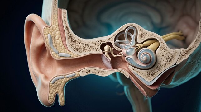 Anatomical Cross Section of Human Ear Structure and Inner Ear Cochlea