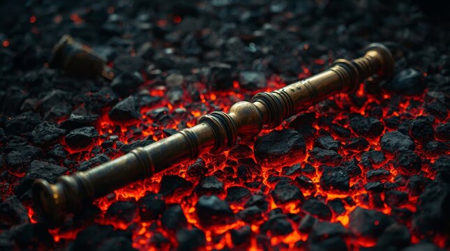 Heavy brass ceremonial mace resting on glowing red embers with intricately designed ceremonial rock
