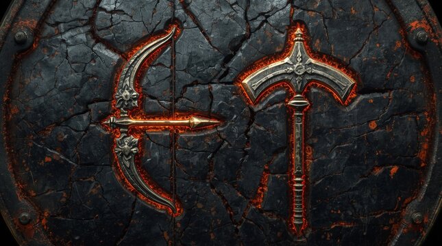 Embossed ancient ritual weapons displayed on dark cracked metallic surface with glowing fiery energy