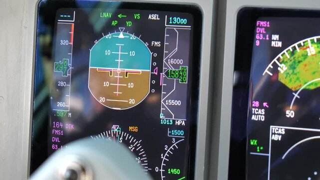 Digital cockpit flight instrument display showing altitude and airspeed in airplane during descent.